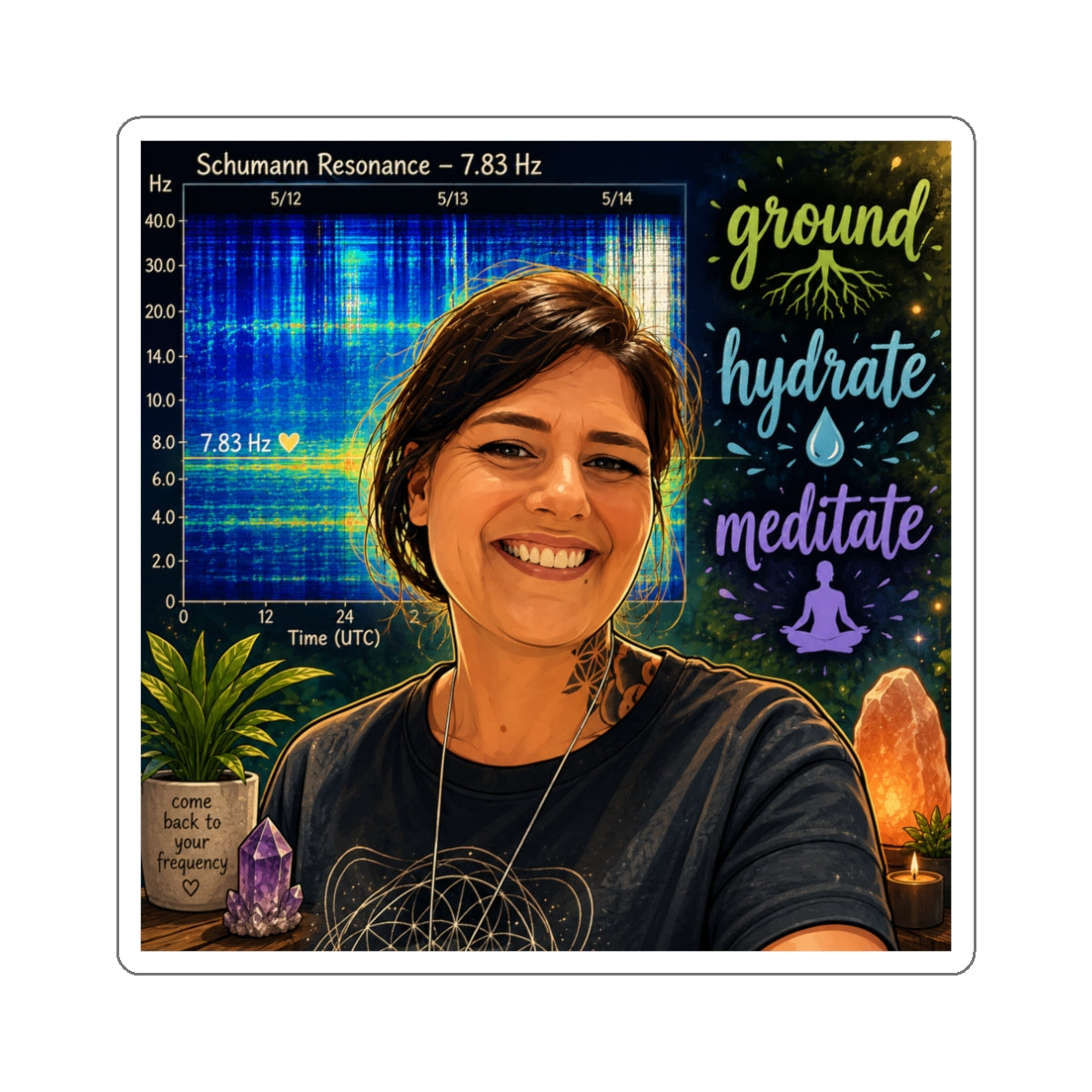 Ground • Hydrate • Meditate — Spiritual Die-Cut Sticker (Schumann Resonance)